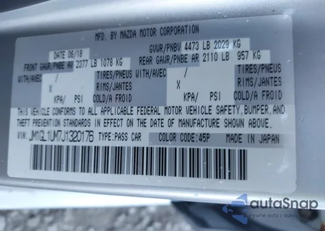 2018 Mazda Mazda6 Sport from USA, damaged, VIN JM1GL1UM7J1320176